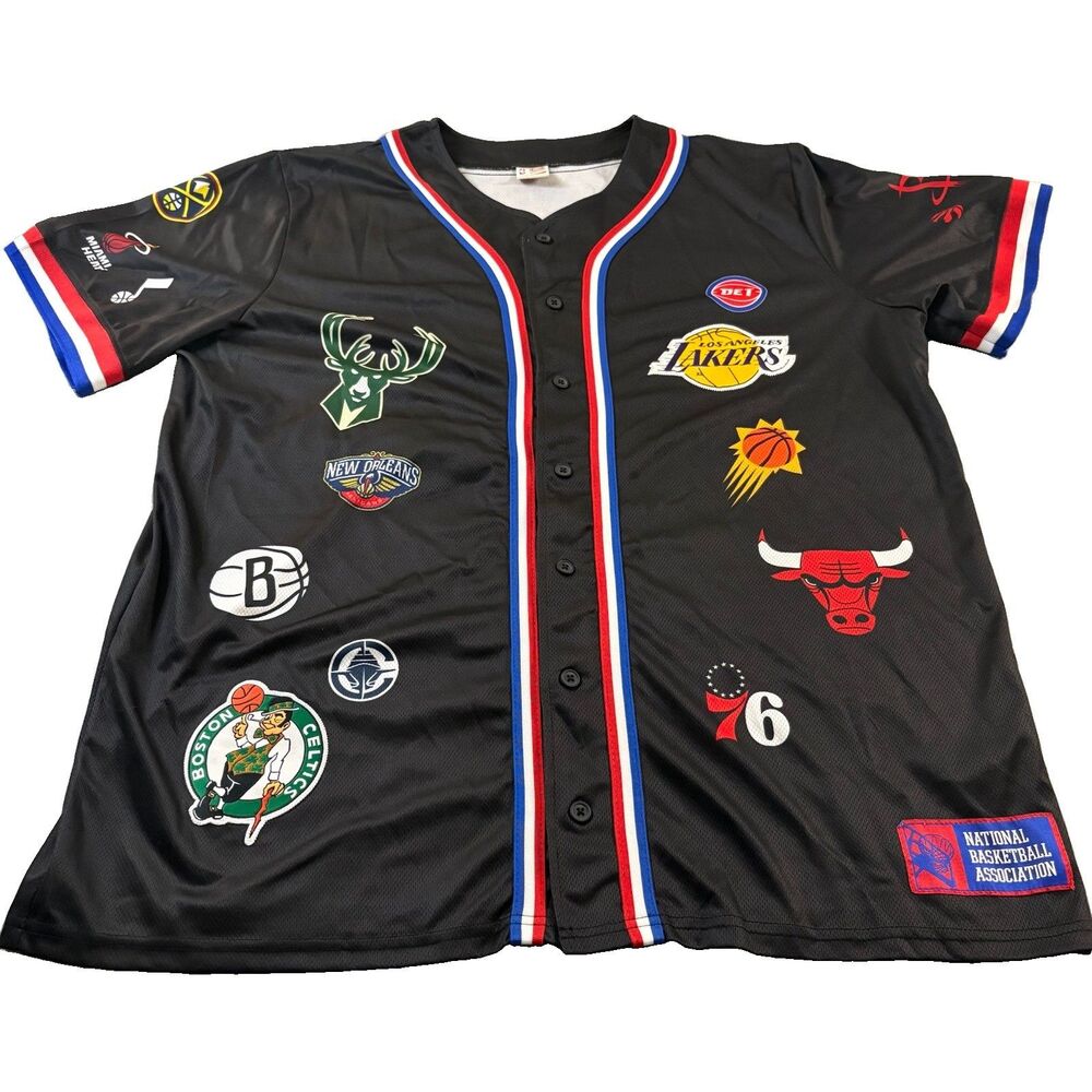 Ultra Game NBA All Team Logo Baseball Jersey Black Button Front Men's XL‎
